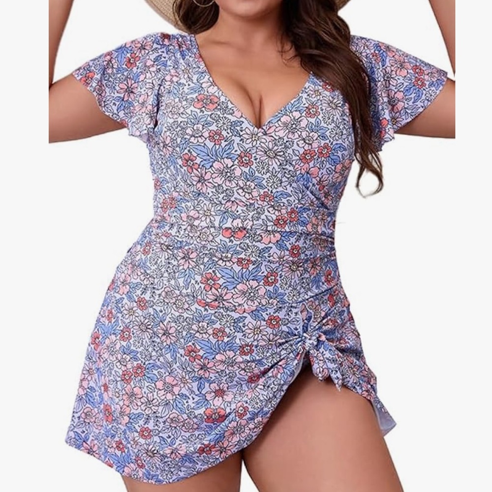 One Piece Modest Swimdress Tummy Control Ruched Swimsuit Ruffle V Neck Swimwear